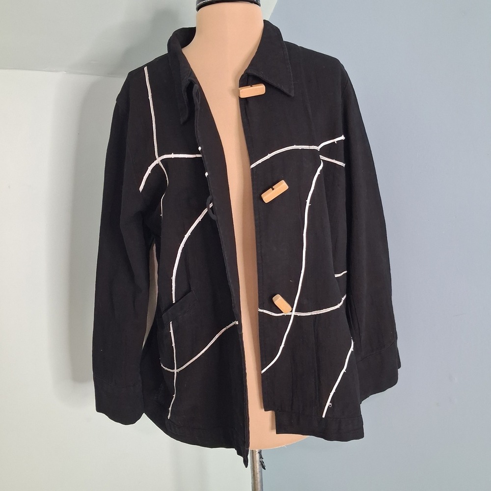 Cupcake International Artisan Black Avant Garde Abstract Toggle Jacket Sz S Boho